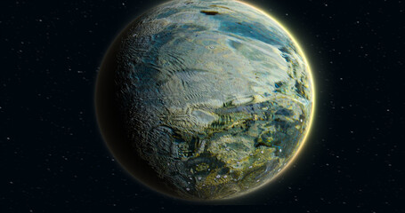 Wall Mural - abstract realistic space spinning planet round sphere with a water surface in space against the back