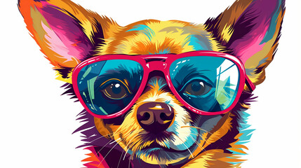 Graphic tshirt vector of a cute happy chihuahua dog, wearing sunglasses, detail design, colorful, contour, white background