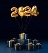 2024 happy new year,or festival celebration with golden prop balloon and gift box present,ornament on color background.generative ai technology