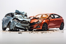 Two Cars Accident Violently Facing Each Other, On Isolated White Background Generative Ai