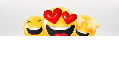 Aufkleber - Cute happy emojis looking on you. 3d vector illustration with copy space