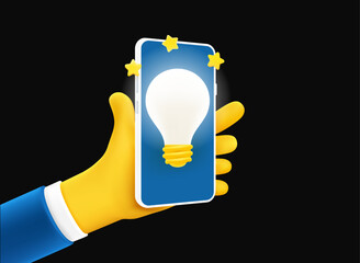Fototapete - Businessman holding smartphone lightbulb on the screen. Hot concept. 3d vector illustration