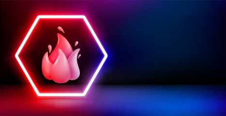 Poster - Product showcase and shining neon frame with flame. 3d vector banner with copy space