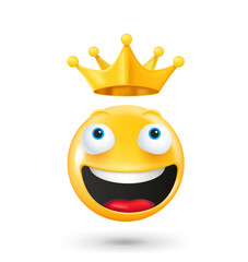 Poster - Yellow cute emoji face with golden crown. Happy king concept. 3d vector illustration 