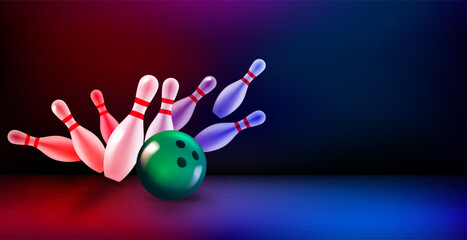 Aufkleber - Billiard skittles and the ball on bowling valley. 3d vector banner with copy space
