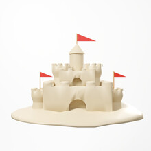 3D Sand Castle With Red Flag Isolated On White Background ,3D Rendering Sand Palace With Three Layer On The Beach