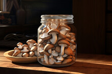 Container Of Mushrooms On Wooden Table