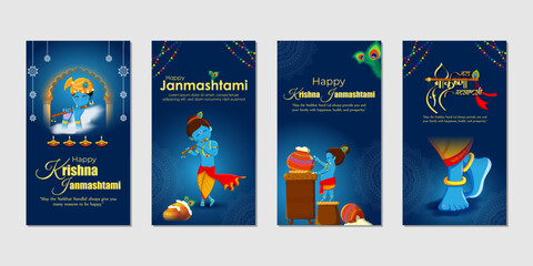 Vector illustration of Happy Krishna Janmashtami social media feed set mockup template