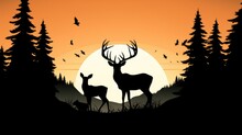 Illustration Of A Silhouette Of A Deer Family In The Forest At Sunset