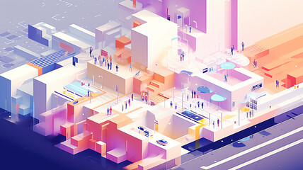 Wall Mural - Isometric illustration of a futuristic smart solar city mobility and building infrastructure public space development