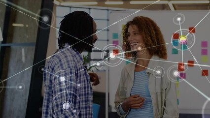 Poster - Animation of network of connections against diverse man and woman discussing at office