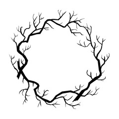 Wreath made from doodle tree branches. Spooky round border with space for text. Vector illustration isolated on white background. Halloween circle frame.