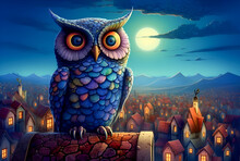 Fairy Tale Hand Drawn Blue Owl On The Roof Of The House Against The Background Of The Moon.