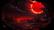 Barren red landscape with a glowing planet in the sky