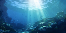 Picture Of Light Shining Beneath The Sea You Can See Rocks And Coral.