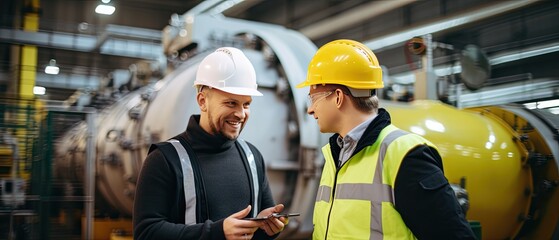 two happy intelligent engineers discuss production details in factory