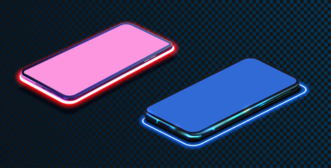 Poster - Mobile phone with neon light trail isolated on dark transparent background. Decorated with neon blue and pink tones. Realistic cartoon, presentation of new product, software or application. Vector
