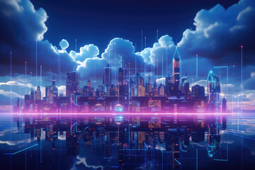 Wall Mural - Futuristic of digital smart city with neon light and technology background, network connection and communication concept, virtual reality, with Generative Ai.