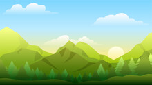 Mountain Landscape Vector Illustration. Green Mountains Ridge With Morning Sky. Mountain Range Landscape For Background, Wallpaper, Display Or Landing Page. Vector Gradient Style Background