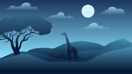 Wall Mural - Wildlife landscape vector illustration. Wildlife landscape at night with giraffe and african tree. Wildlife landscape panorama for background, wallpaper, display or landing page