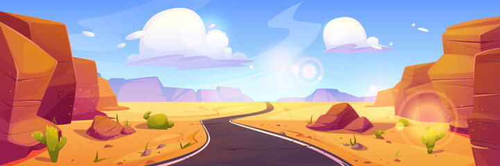 Wall Mural - Canyon desert landscape with road perspective. Vector cartoon illustration of sandy valley with cacti and rocky stones walls under blue sky with clouds, sun flares, summer travel to western wilderness