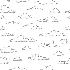 Cute seamless pattern with linear clouds. Children vector pattern with doodle clouds on white background