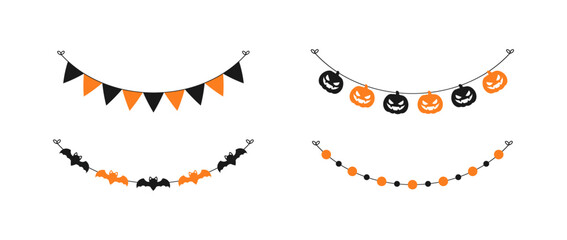 Wall Mural - Cute Halloween Garland Bunting Set with Jack O Lantern, Pumpkins and Bats. Simple banner hanging party classy decor vector element.