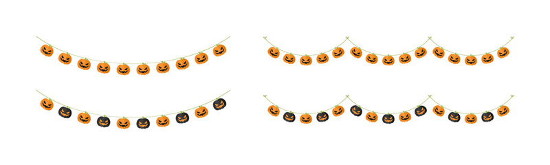 Wall Mural - Cute Jack O Lantern Evil Pumpkin Garland Set for Halloween. Simple banner hanging party classy decor vector element.