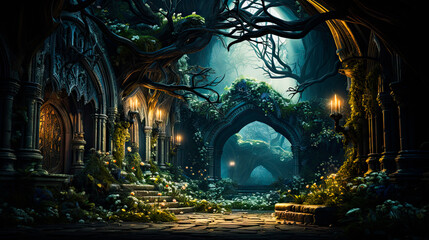 Wall Mural - Magic fairy forest with a pathway under arches and trees, small lights with cozy twilight atmosphere