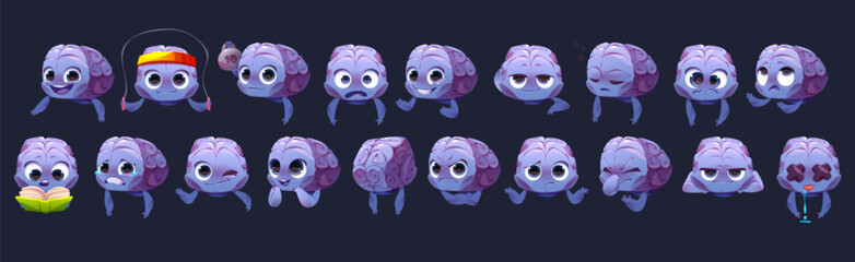 Cartoon set of human brain character with different emotions. Vector illustration of cute mind or memory emoji exercising, reading book, smiling, crying, surprized, angry, crazy, smart and stupid