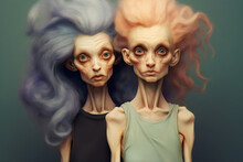 Two Gaunt Older Women Characters With Gray And Pink Colored Hair Illustration