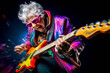 © mozZz - Grandmother playing electric guitar and screaming a song on stage as a rock star. Dynamic senior lifestyle concept : Sunset of life in colors.