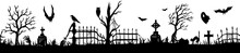 Halloween Seamless Panorama With Halloween Silhouette Of Apocalypse, Cemetery Elements For Fear Holiday Background