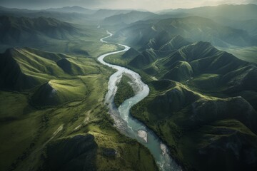 Wall Mural - River aerial hills view. Generate Ai