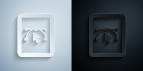 Paper cut Computer display with vector design program icon isolated on isolated on grey and black background. Photo editor software with user interface. Paper art style. Vector