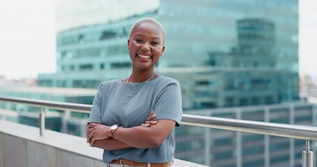 Poster - Black woman in city for business portrait while happy and arms crossed outdoor with vision and pride. Face of entrepreneur person with urban buildings and motivation for career goals as future leader