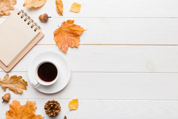 Wall Mural - Autumn composition: fallen leaves and craft sketchbook mock up on colored background. Top view. Flat lay with copy space