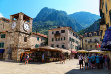 Old Town Kotor, Montenegro, Street View, A Crowd Of Tourists On A Square, A Bright Sunny Day, Travel