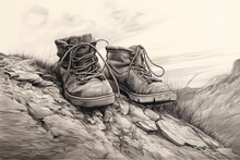 "Footprints Of Adventure: A Pair Of Worn Traveler's Shoes Resting At The Edge Of A Cliff, Generative AI