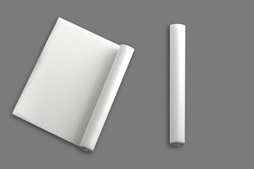Blank White A3 Rolled paper sheet mockup. Glossy Rolled poster isolated on background. Advertising, promotion or affiche poster. 3d rendering.