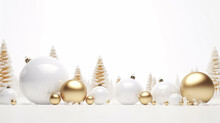Christmas White And Gold Baubles And Decorations. Holidays Background. 3d Render Illustration.