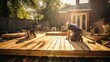 Builders focused on constructing a wooden deck for a residential property, a transformative project that expands the living space. Generated by AI.