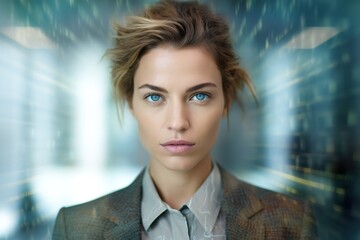 business businesswoman office meeting woman portrait digital technology code computer internet information cyber binary security communication generative ai
