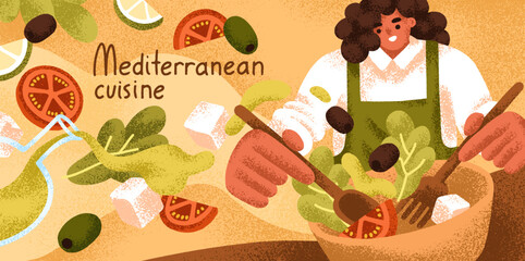 Wall Mural - Mediterranean cuisine banner, culinary background. Chef cooking Greek vegetable salad, mixing food ingredients. Woman cooks vegetarian dish, eating with tomato, olives. Flat vector illustration