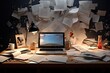 laptop on table with many paper documents at night, AI Generated
