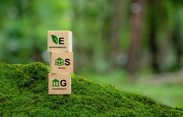 ESG concept of environmental, social and governance.words ESG on a woodblock on beautiful green background, It is an idea for sustainable organizational development. ​World environment day