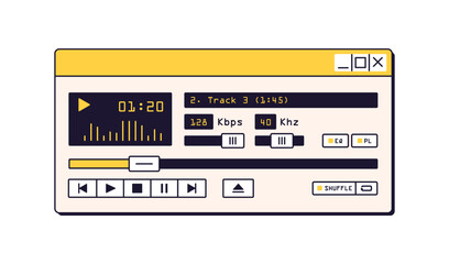 Retro digital music mp3 player, window UI in 90s style. Audio playing software interface. Old nostalgia program with tune track, buttons, sliders. Flat vector illustration isolated on white background