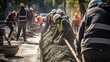 © Татьяна Лобачова - Construction progress as synchronized workers expertly pour and smooth a concrete floor, the controlled pouring and skilled manipulation of the concrete resulting. Generated by AI.