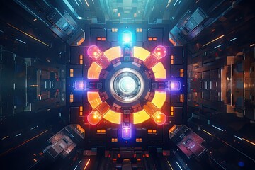 Futuristic art design with light bulbs and colorful lights, in the style of spacecraft, radiant neon patterns, luminous objects, circular shapes, metallic rectangles, digital style.