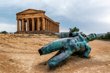 The Temple Of Concordia Is A Greek Temple Of The Ancient City Of Akragas, Located In The Valley Of The Temples Of Agrigento And Bronze Statue Of Icarus In Sicily Italy